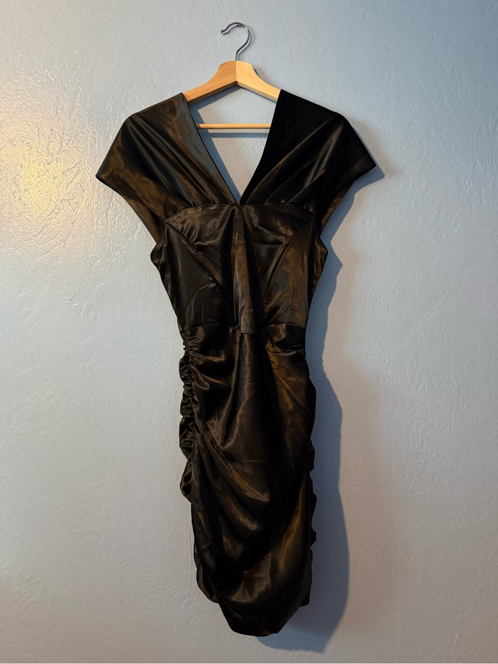LEAU Black V-Neck Ruched Satin Dress